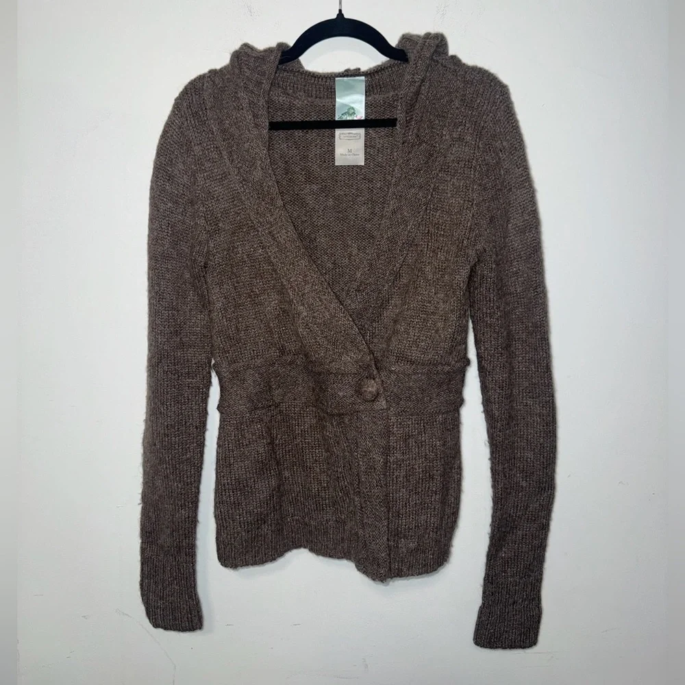 Wool Anthropologie AphOrism Medium Hooded cardigan alpaca mohair sweater brown